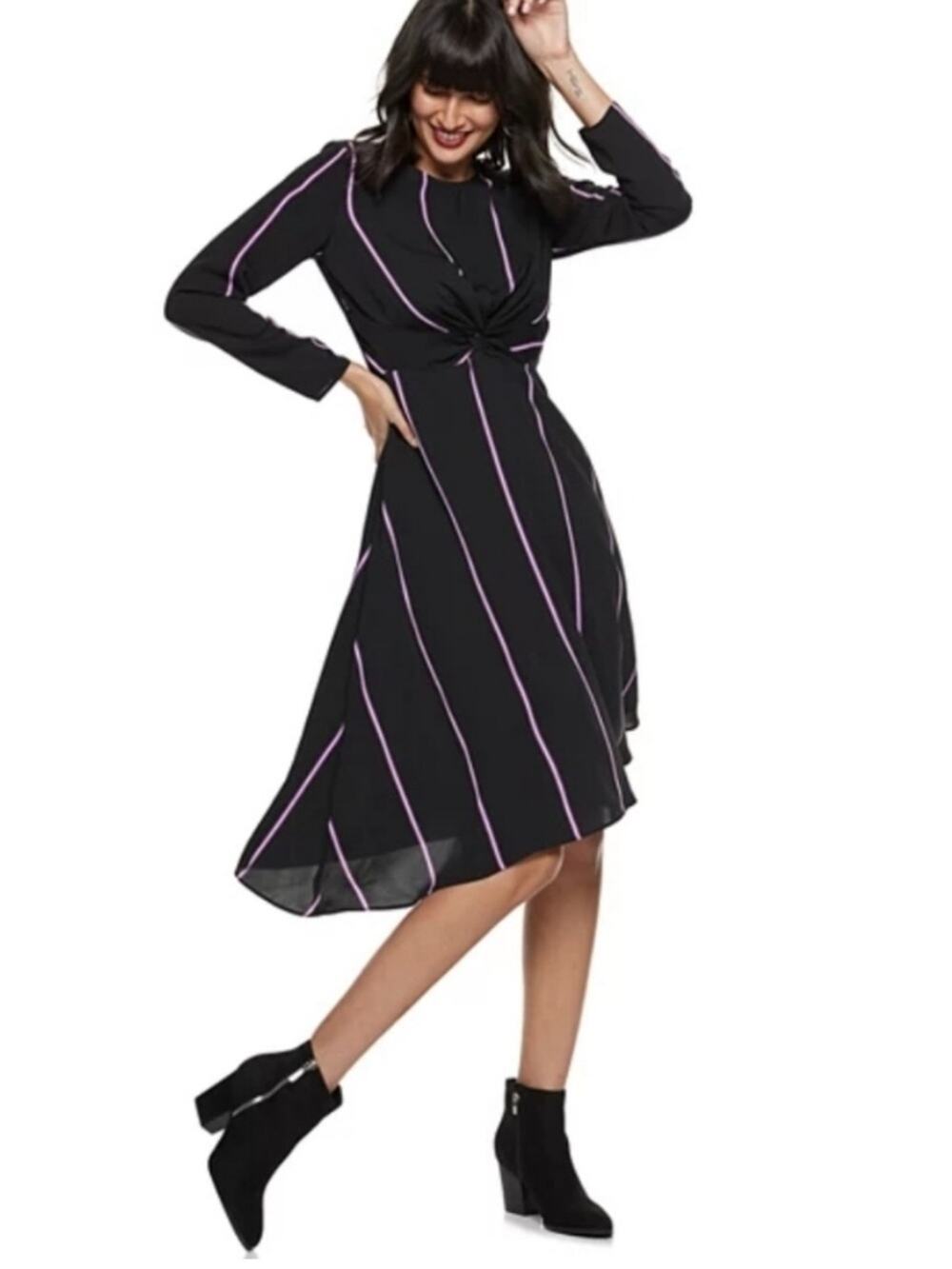 Nine West Asymmetrical Striped Long Sleeve Faux Wrap Midi Dress M